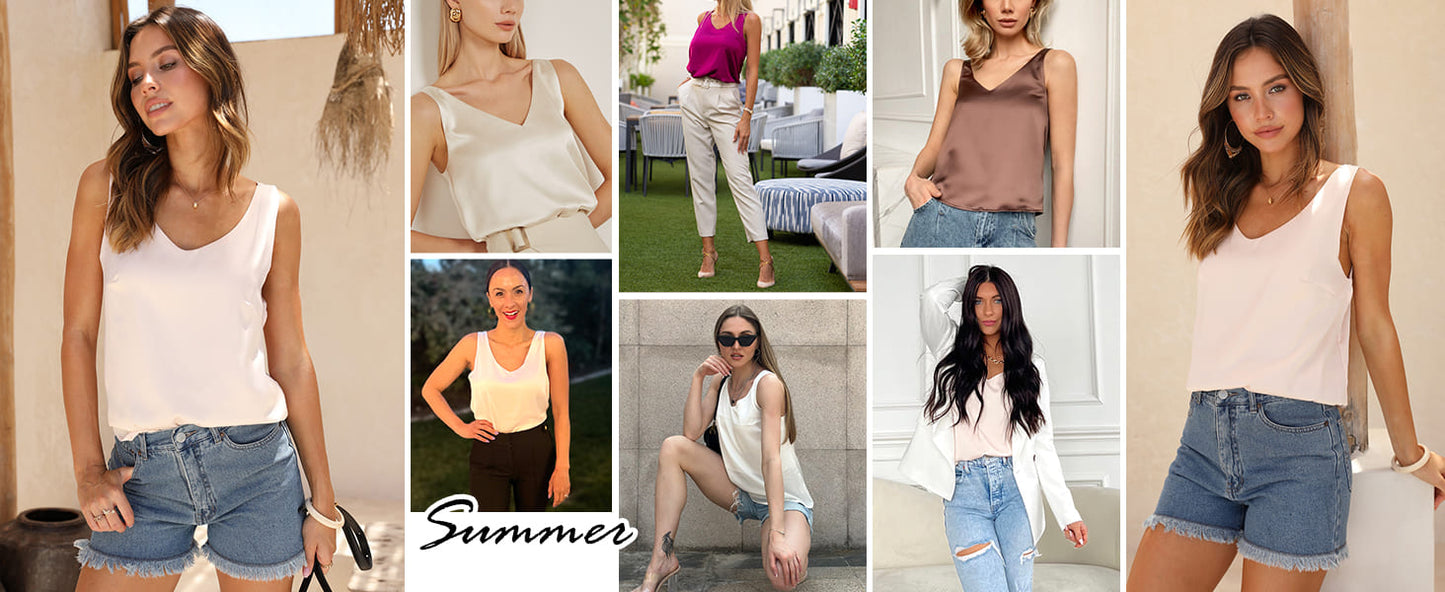 Ekouaer Womens Silk Satin Tank Tops V Neck Casual Cami Sleeveless Camisole Blouses Summer Basic Tank Shirt