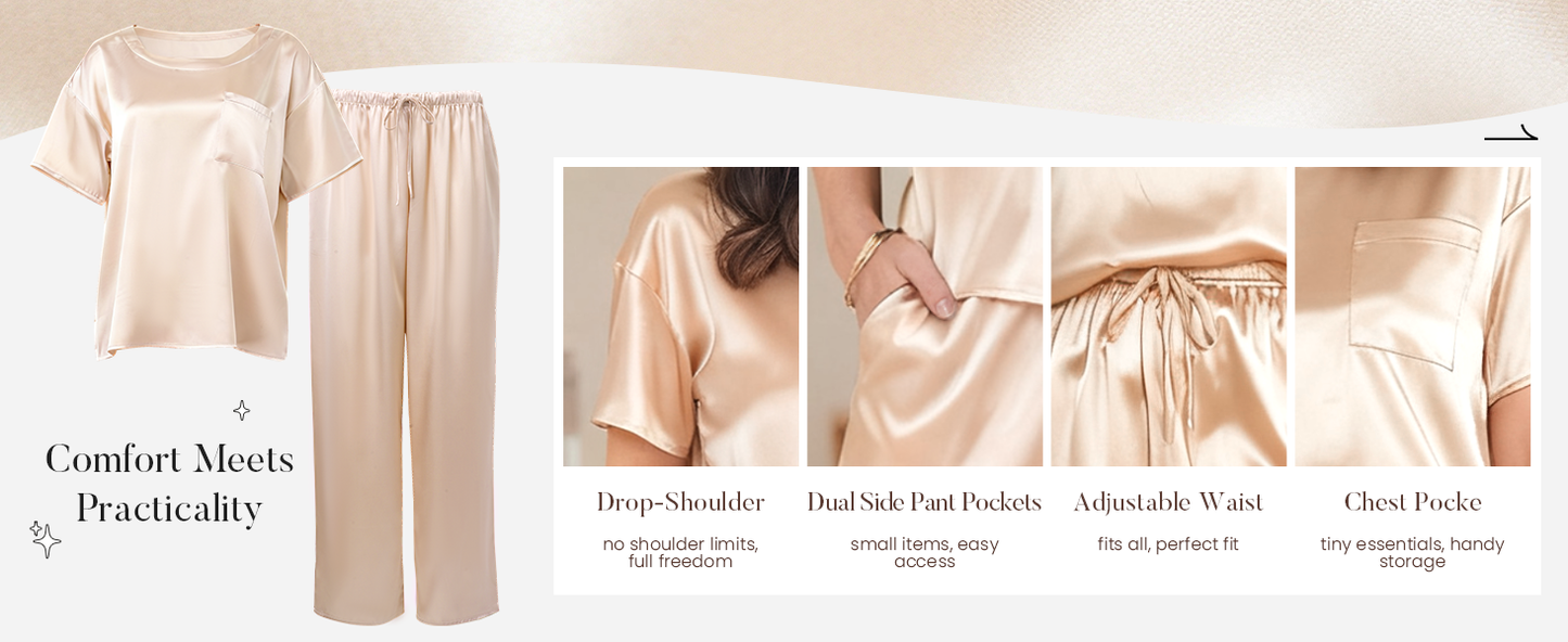 Ekouaer Womens Satin Silky Pajama Set Short Sleeve Shirt with Long Pajama Pant Set Soft PJ Loungewear