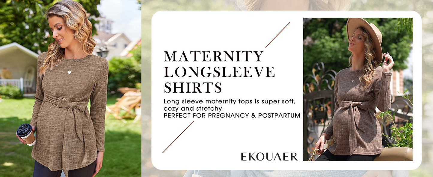 Ekouaer Women's Maternity Shirts Long Sleeve Pregnancy Tops Casual Ribbed Knit Winter Pregnant Blouses