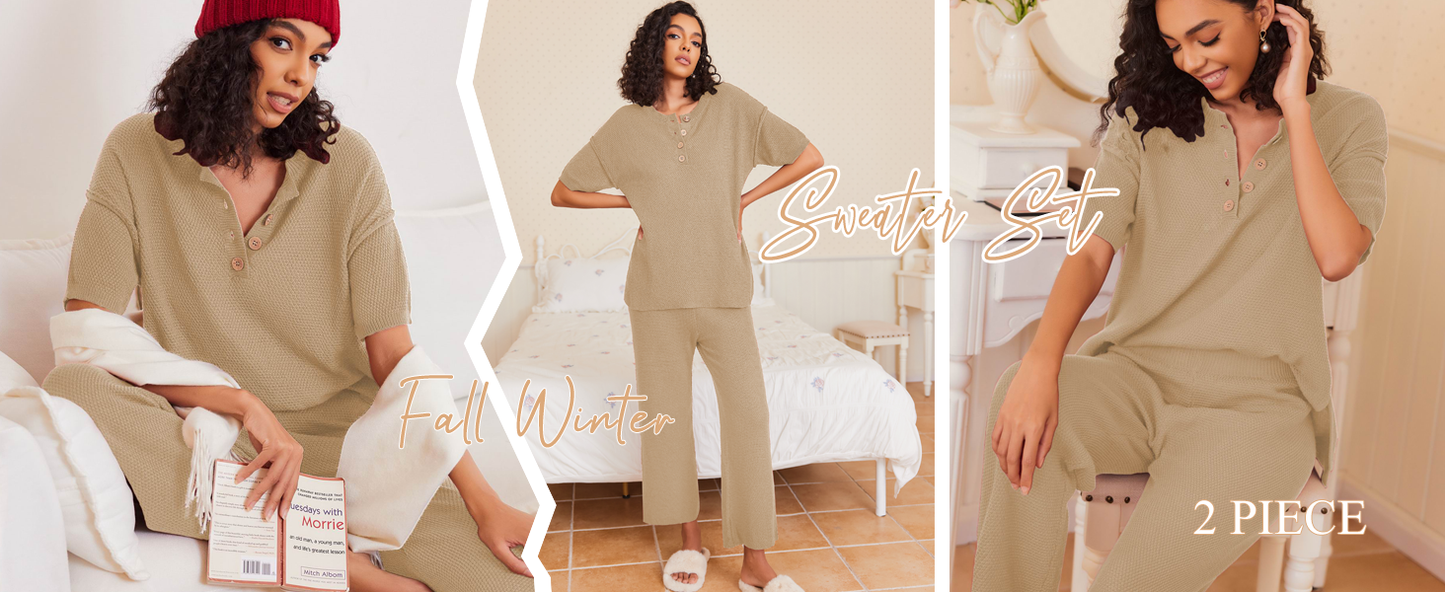 Ekouaer Lounge Sets for Women 2 Piece Pullover Sweater Set Knit Tops Wide Leg Pants Sweatsuits Casual Travel Outfits