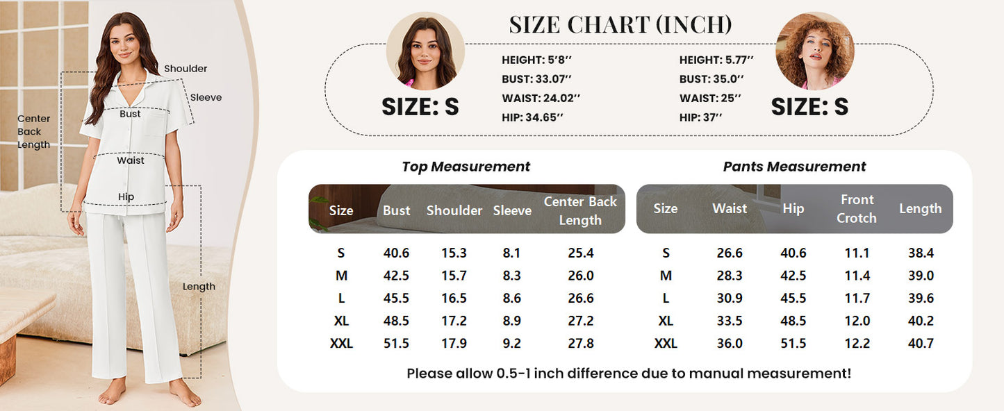 Ekouaer Pajamas for Women Set Button Up Sleepswear 2 Piece Short Sleeve PJ Top and Long Pants Loungwear With Pocket