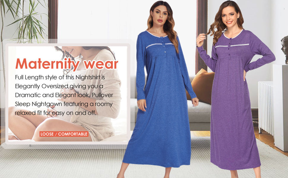 Ekouaer Women Long Sleeve Nightgowns Soft Henley Sleepshirts Full Length Sleep Dress