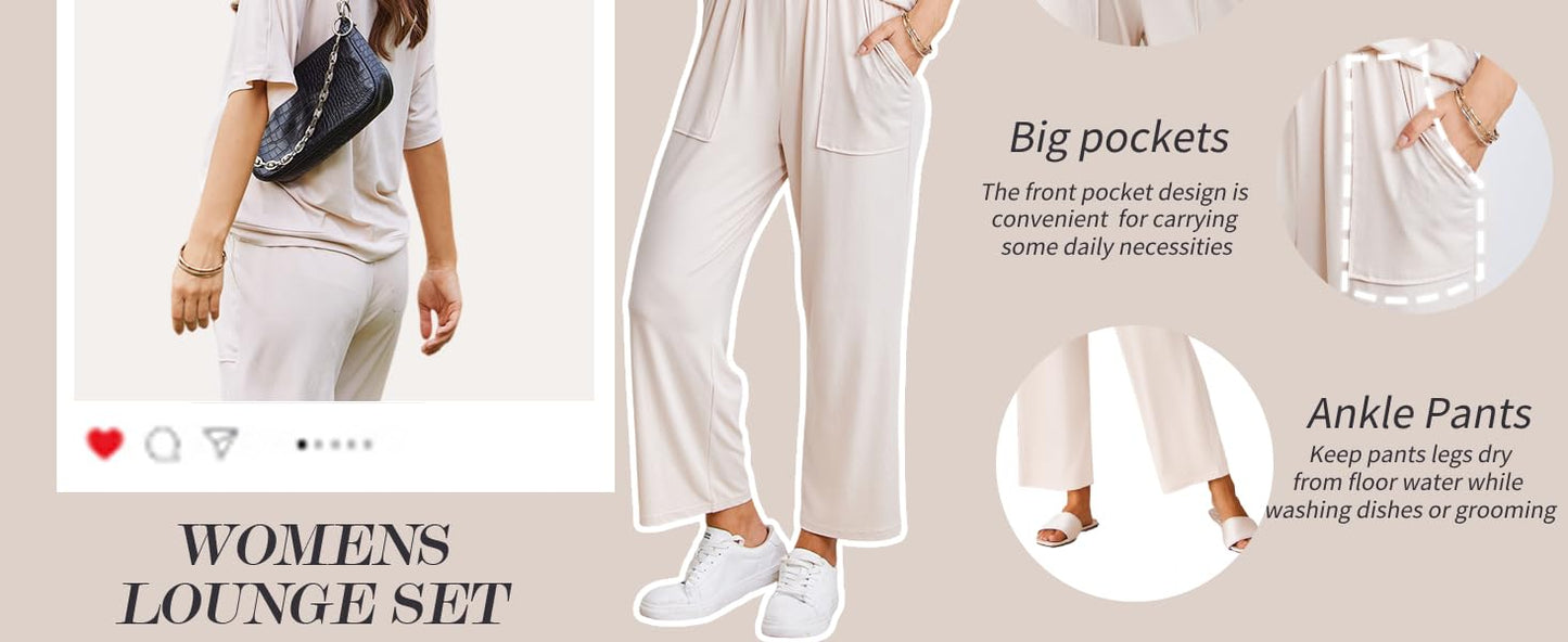 Ekouaer Lounge Sets for Women Comfy Pajamas Set 2 Piece Outfits Short Sleeve Tops and Wide Leg Pants with Large Pockets