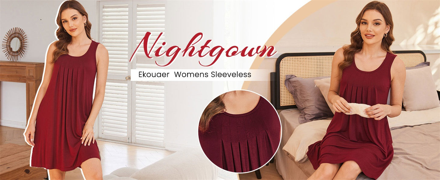 Ekouaer Women Nightgown with Pockets Sleep Shirts Sleeveless Sleepwear Pleated Front Nightshirt Round Neck Nightdress