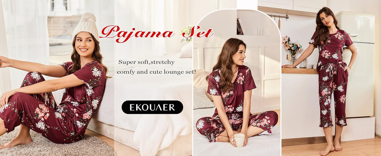 Ekouaer Capri Pajamas for Women Soft Pjs Set Short Sleeve Tee Top Loungewear Soft 2 Piece Sleepwear
