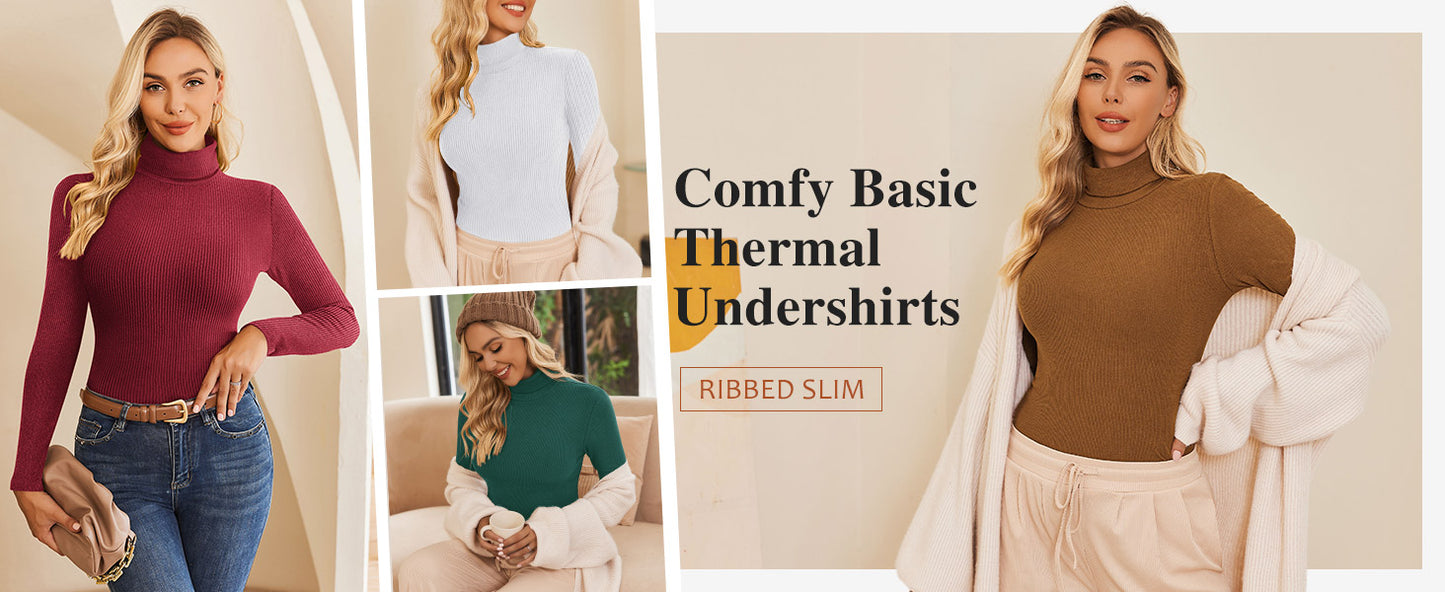 Ekouaer Women's Turtleneck Tops Ribbed Pullover Sweater Long Sleeves Shirts Midweight Thermal Underwear Blouse