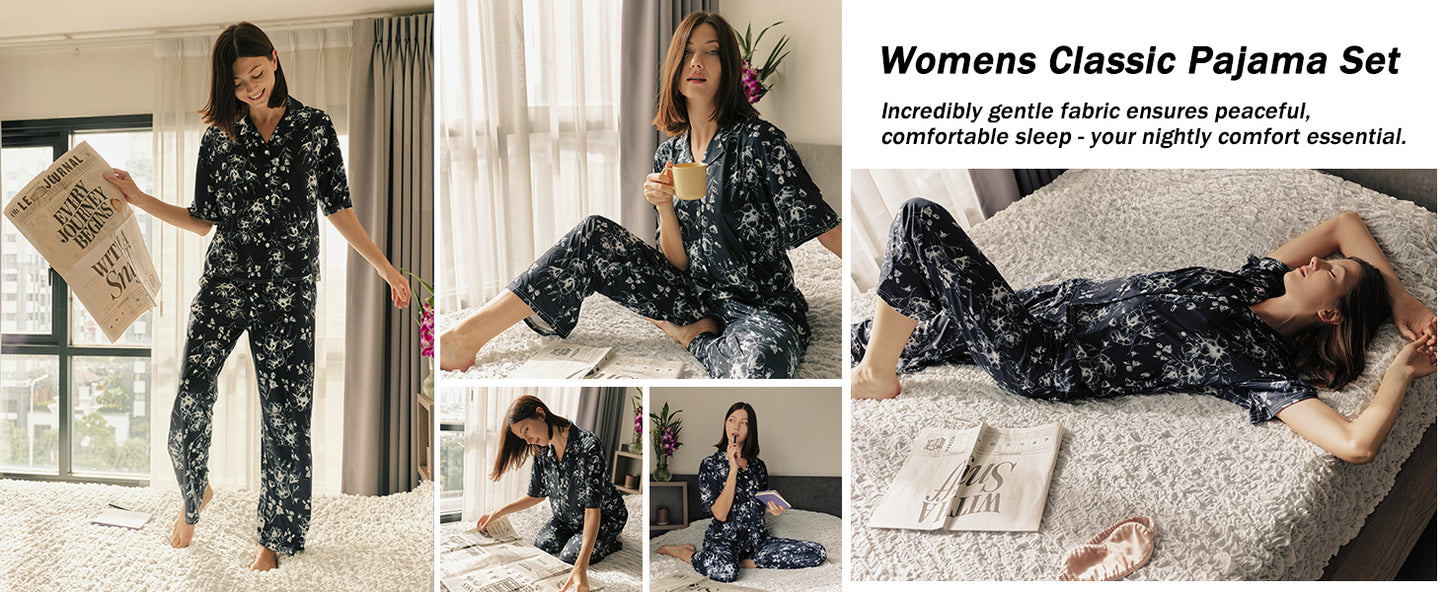Ekouaer Women Pajamas Set Button Down Sleepwear Short Sleeve Pjs Soft Comfy Nightwear with Long Pants