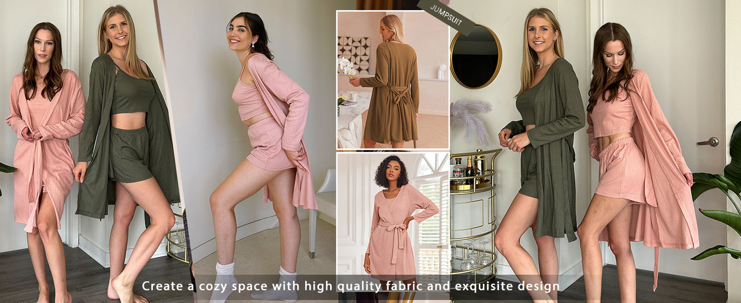 Ekouaer Pajamas for Women Set 3 Piece Lounge Set Soft Pajama Sets Waffle Knit Tank Top and Shorts Cardigan with Pockets