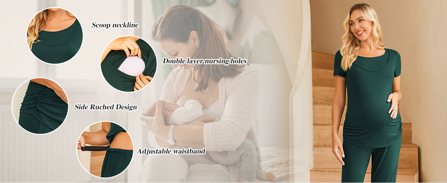 Ekouaer Women Maternity Nursing Pajama Set Breastfeeding Sleepwear Set Short Sleeve Top & Pants Postpartum Pajamas