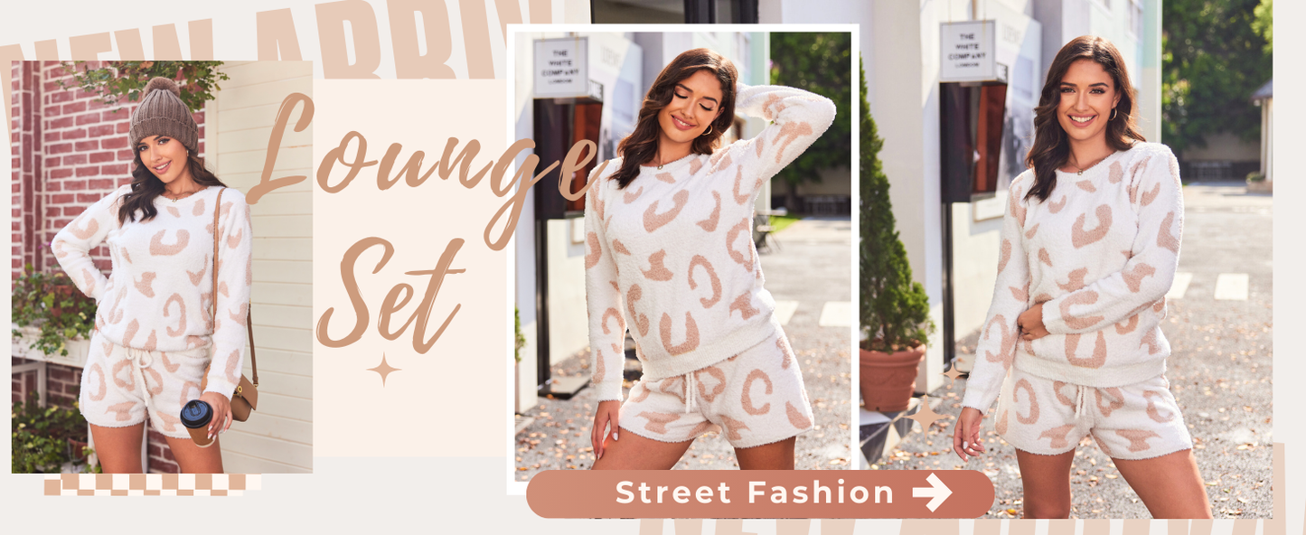 Ekouaer Fuzzy Fleece Pajamas 2 Piece Warm Soft Lounge Set Long Sleeve Sweater Top and Shorts Loungewear Outfits Sweatsuits