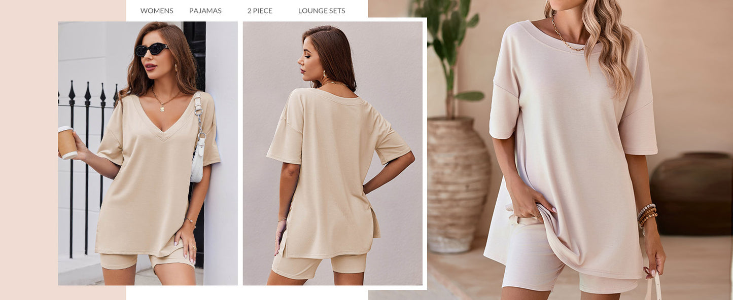 Ekouaer Womens Pajamas 2 Piece Lounge Sets Oversized V Neck T-Shirts Tops Biker Shorts Set Workout Reversible Tracksuit