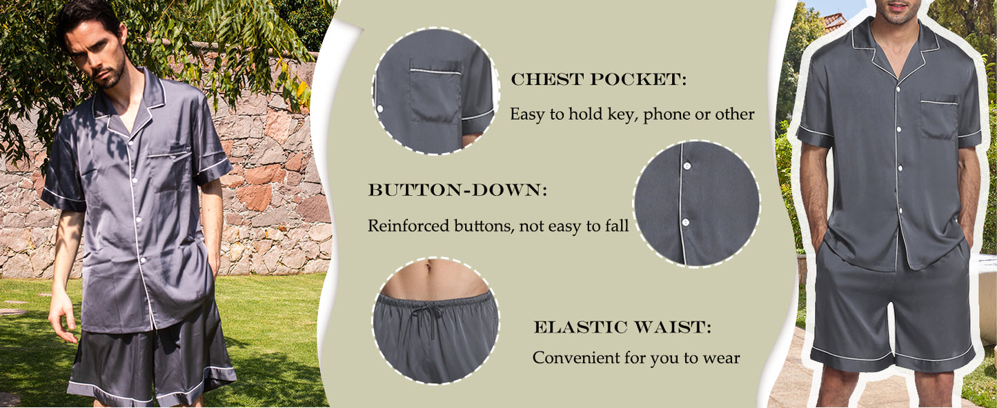 Ekouaer Mens Satin Pajamas Set Button-Down Short Sleeve Shirt Top Soft Silk Sleepwear Shorts with Pockets