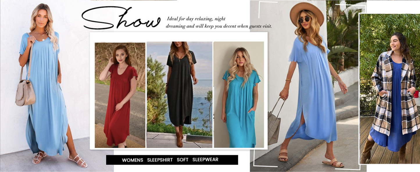 Ekouaer Long Nightgowns for Women with Pockets Short Sleeves Moo Moos for Women Casual Maxi Dress House Dresses Star Print XXXL