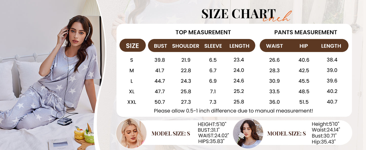 Ekouaer 2 Pack Womens Pajama Sets Short Sleeve Tops and Long Pants Casual Comfy Pjs Lounge Set with Pockets