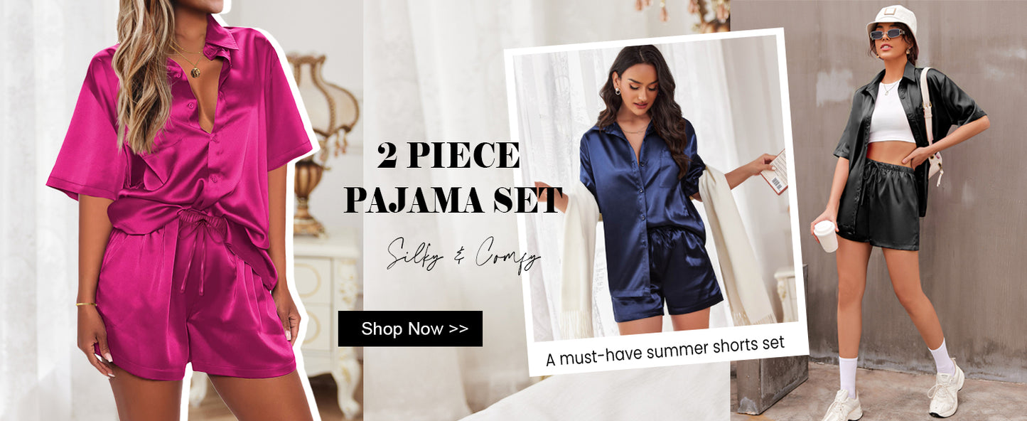 Ekouaer Pajamas for Women Silk Satin Pjs Soft Sleepwear Short Sleeve Button Down Pjs Top and Shorts 2 Piece Lounge Set