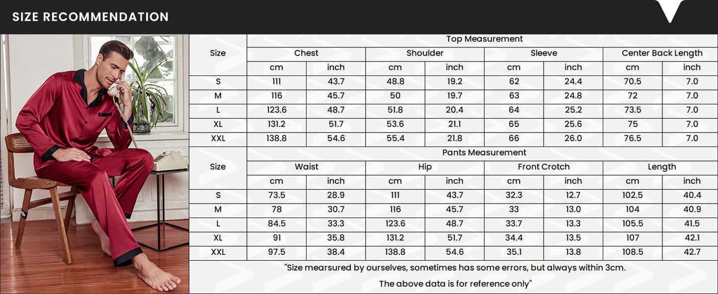 Ekouaer Men's Silk Pajama Set Long Satin Loungewear 2 Piece Pjs Classic Button Down Sleepwear Black Red L