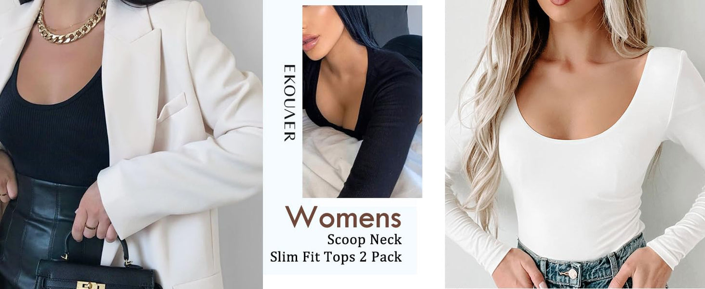 Ekouaer 2 Pack Long Sleeve Shirts for Womens Scoop Neck Tops Slim Fit Undershirts Basic Thermal Tee Shirt