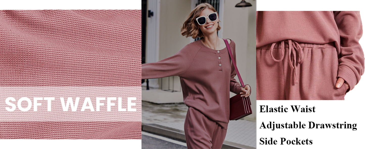 Ekouaer Pajamas Women's Waffle Knit Sleepwear Long Sleeve Top with Pants Casual Pjs Loungewear