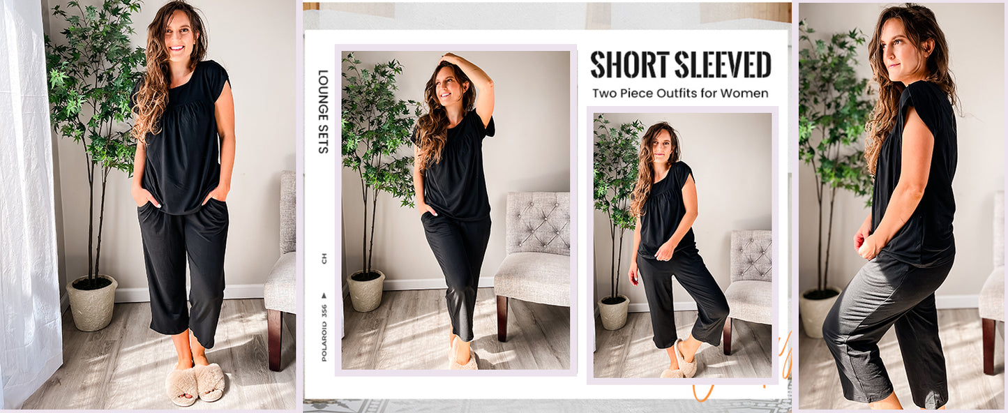 Ekouaer Womens Pajama Set Short Sleeve Sleepwear Pleated Floral Pjs Set Capri Pants Lounge Sets with Pockets