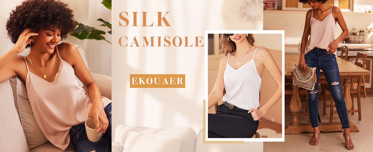 Ekouaer Women's Lace Silk Satin Pajama Tank Tops V Neck Camisole Soft Spaghetti Strap Tops Loose Sleepwear