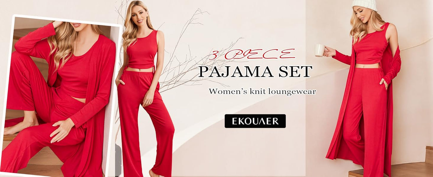 Ekouaer Women's 3 Piece Lounge Set Pajama Long Sleeve Cardigan Sleeveless Top Pants Sweatsuit