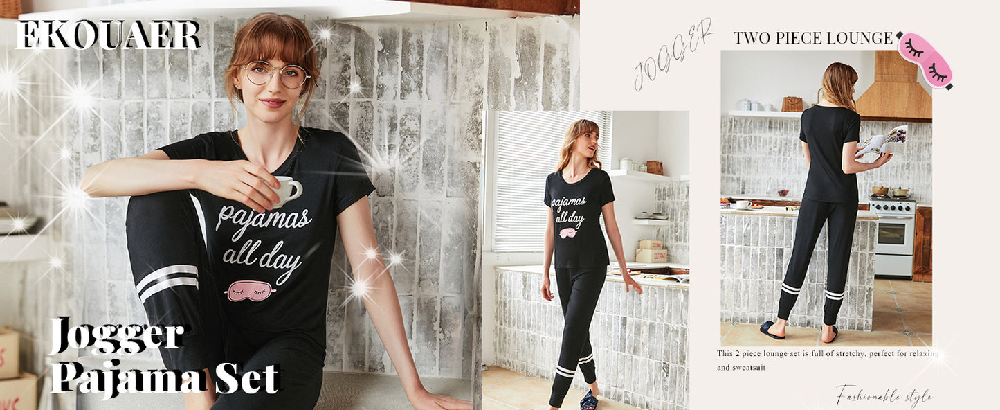 Ekouaer Womens Pajamas Set 2 Piece Lounge Pj Set Short Sleeve Sleepwear Tops with Joggers Pants Loungewear Print Nightwear