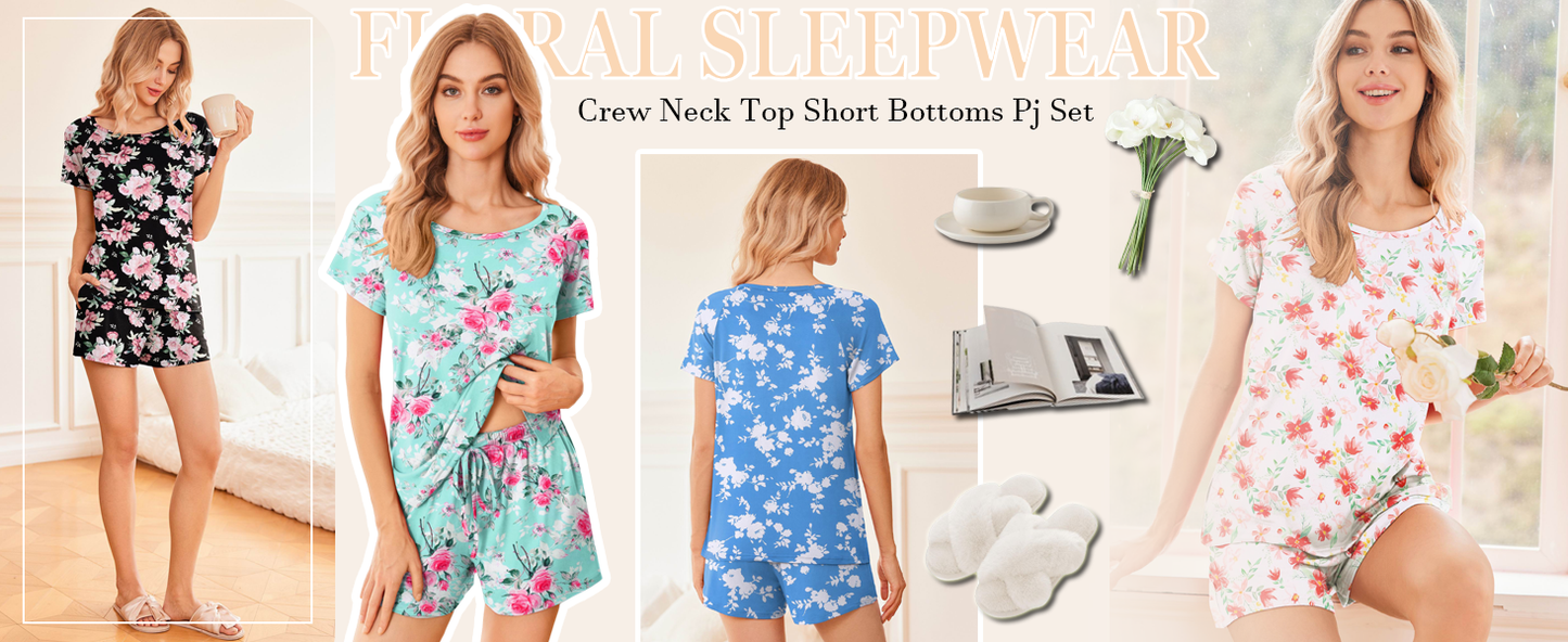 Ekouaer 2 Pack Womens Pajama Sets Short Sleeve Sleepwear Soft Crew Neck Pj Shorts Set Printed Loungewear Set