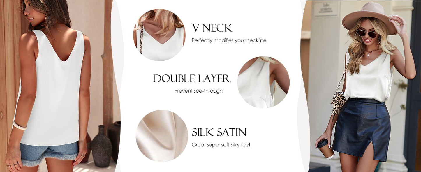 Ekouaer Womens Silk Satin Tank Tops V Neck Casual Cami Sleeveless Camisole Blouses Summer Basic Tank Shirt