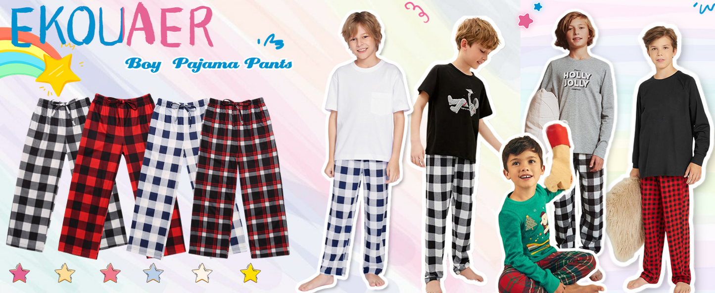 Ekouaer Boys Pajama 3 Pack Sleep Pants - Soft Elastic Waist Kids Plaid Lounge Bottoms With 2 Pockets