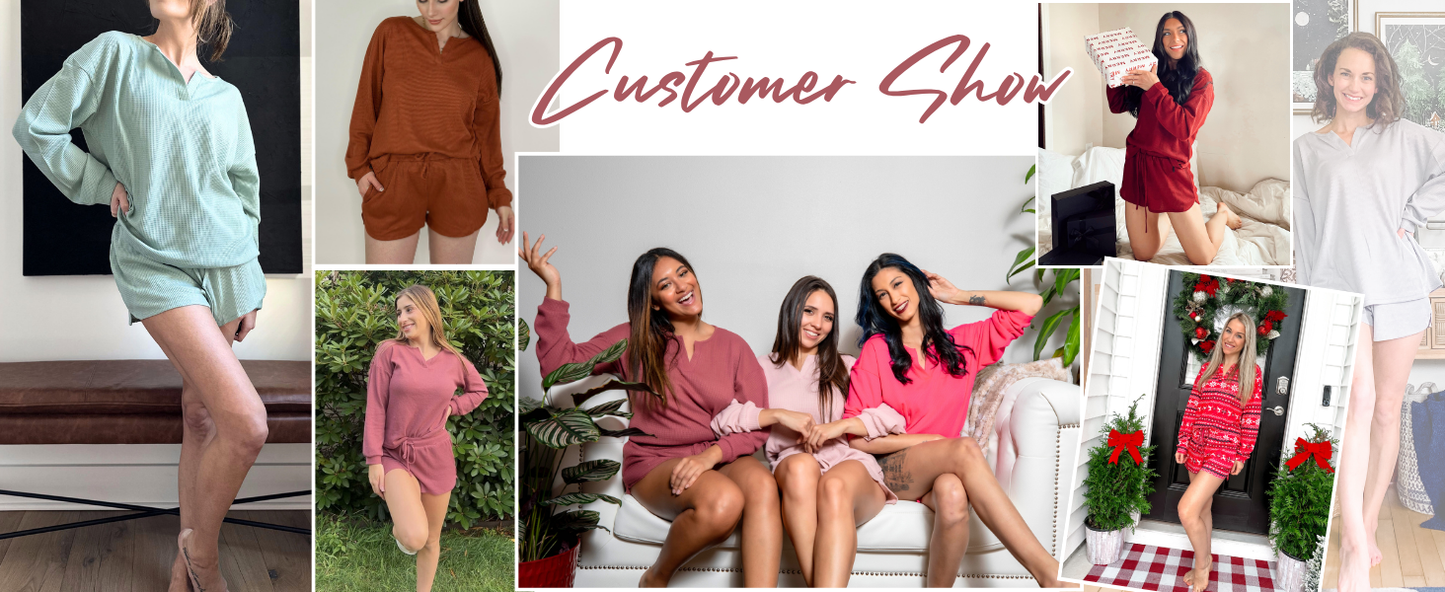 Ekouaer Pajama Set for Women Waffle Knit Lounge Sets Long Sleeve Top and Shorts Sleepwear Matching Loungewear