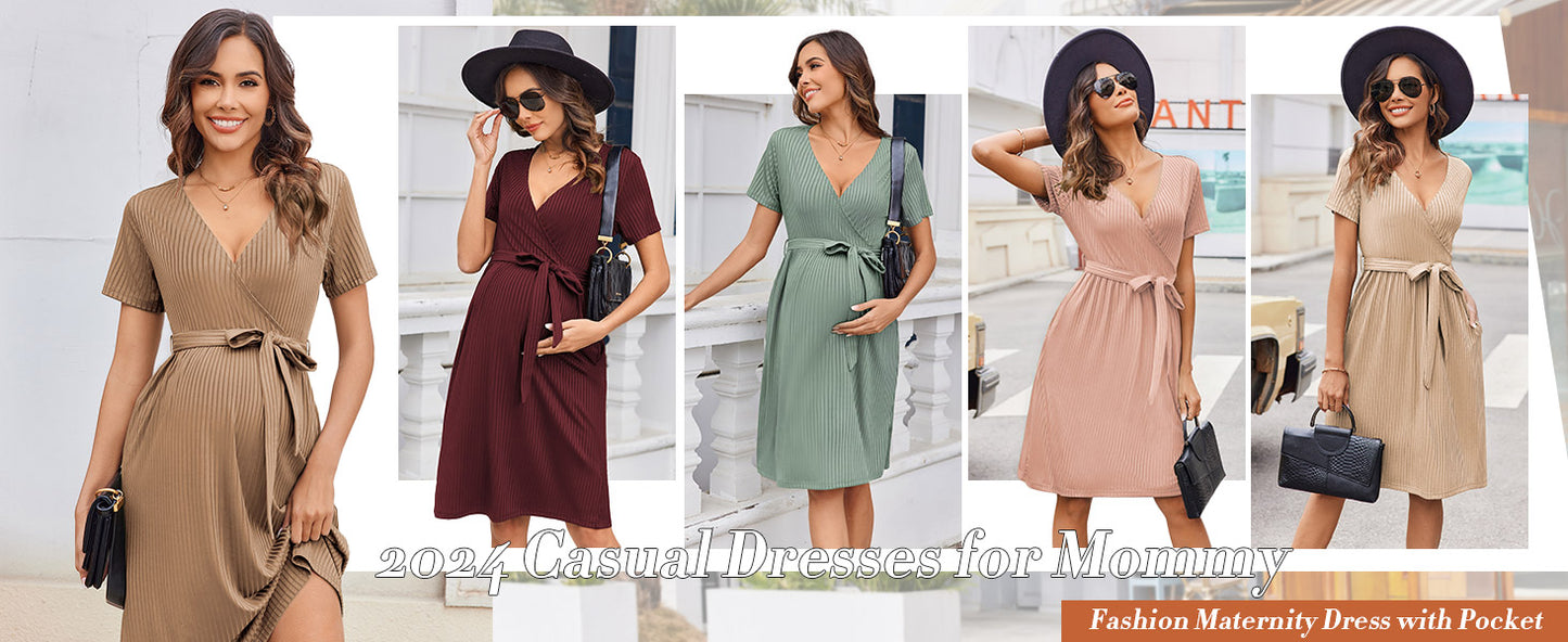 Ekouaer Women Short Sleeve Maternity Nursing Dress Casual V Neck Breastfeeding Loungewear Ribbed Knit Pregnancy Dresses
