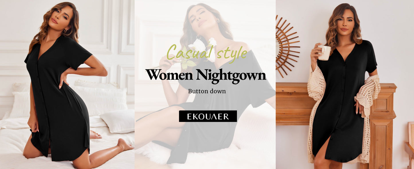 Ekouaer Women's Button Down Nightgown Short Sleeve Sleepshirt V Neck Night Shirt Soft Pajamas Dress with Pockets Black
