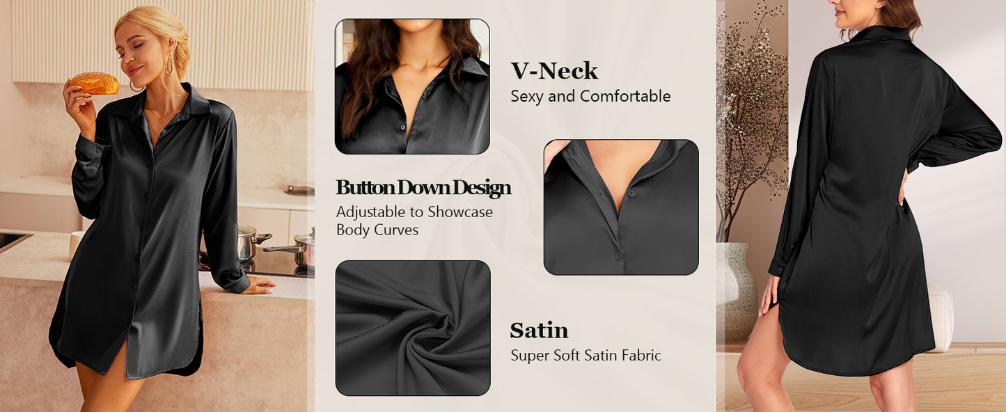 Ekouaer Satin Nightgown for Women Button Down Silk Sleepshirts V Neck Night Gown Long Sleeve Night Shirts