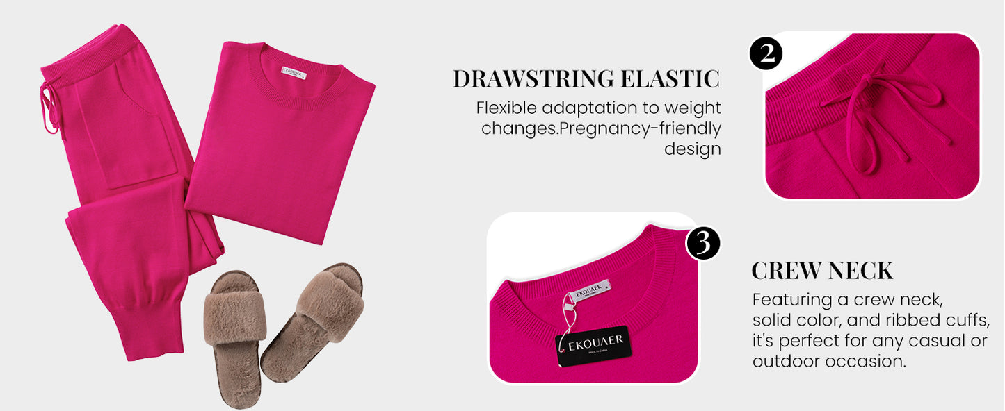 Ekouaer Women's 2 Piece Lounge Set Long Sleeve Knit Pajamas Sweatsuit Jogger Pant Outfits With Pockets