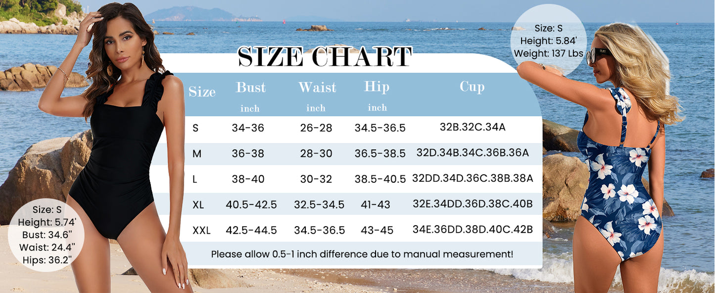 Ekouaer Women's One Piece Swimsuits Square Neck Tummy Control Bathing Suit with Adjustable Ruffled Straps Swimwear