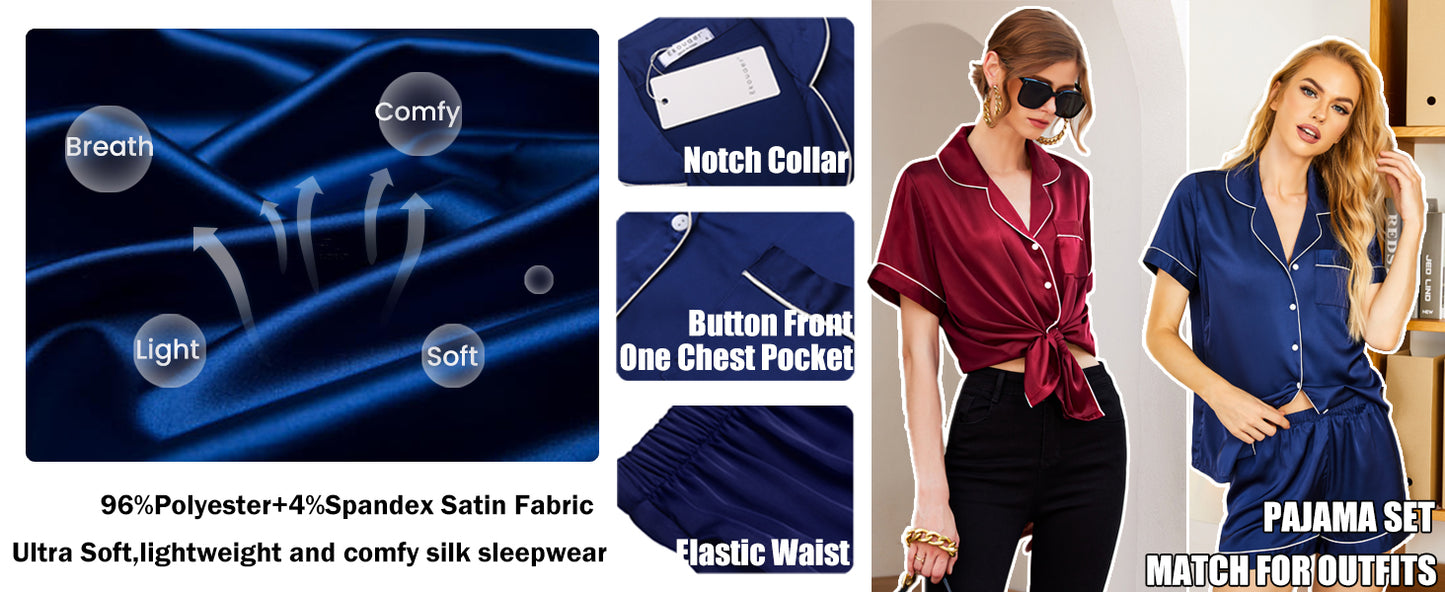 Ekouaer Pajamas for Women Set Silk Satin Pjs Button Down Sleepwear Summer Loungewear Top and Shorts Lounge Set