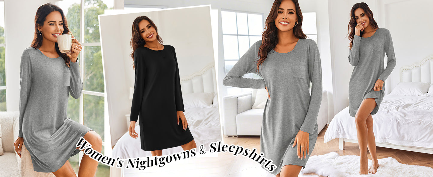 Ekouaer Women's 2 Pack Sleepshirt Dress Comfortable Nightshirt Nightgown Long Sleeve Button Down Sleepwear
