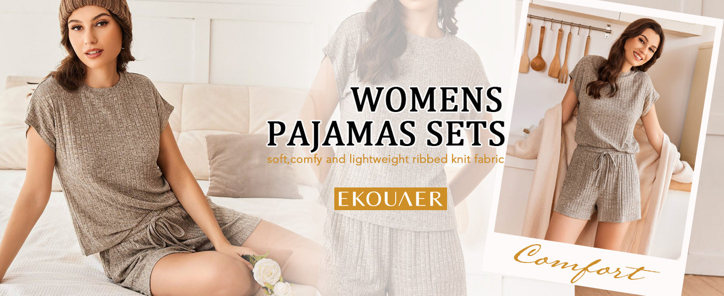 Ekouaer Pajamas Set for Women 2 Piece Pjs Ribbed Knit Lounge Set Cap Sleeve Loungewear Sleepwear