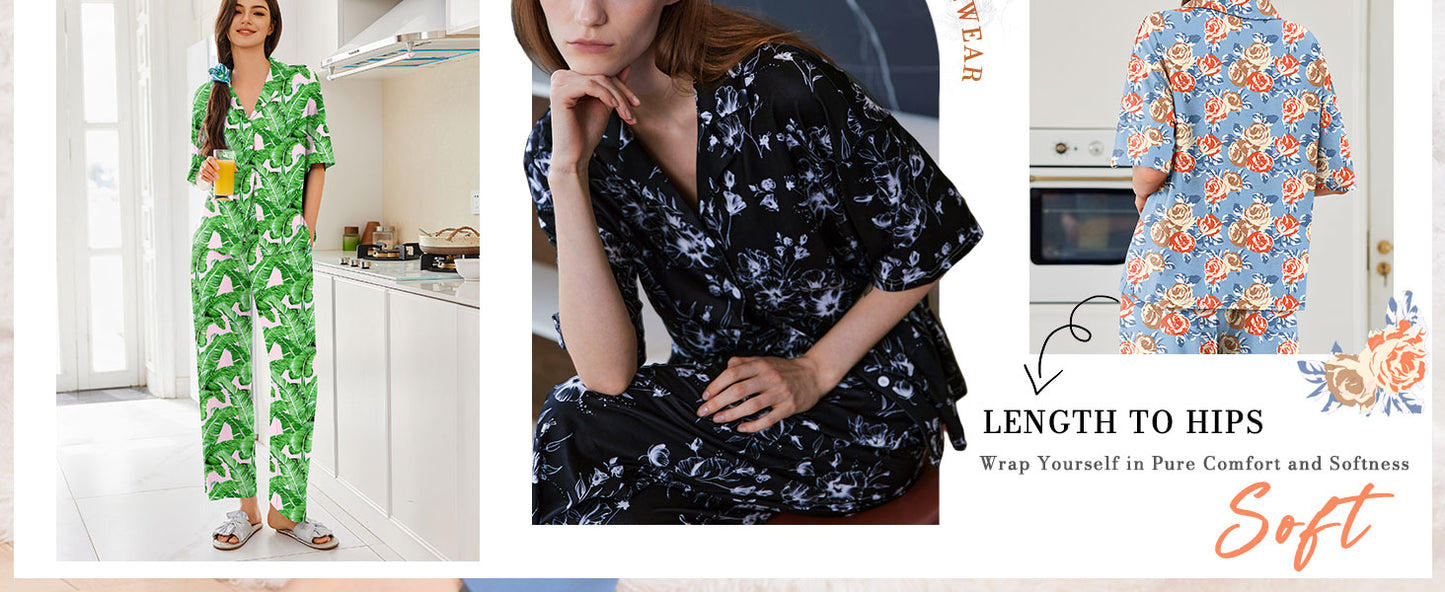 Ekouaer Women Pajamas Set Button Down Sleepwear Short Sleeve Pjs Soft Comfy Nightwear with Long Pants