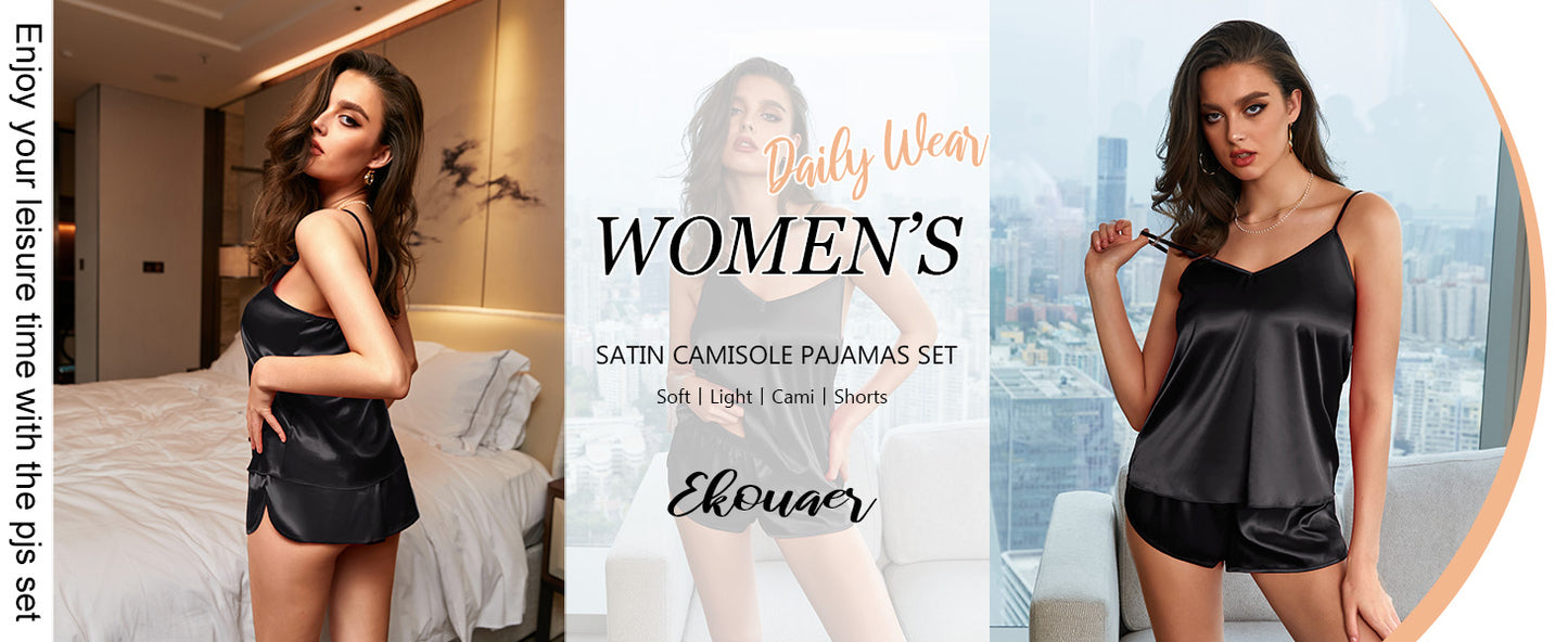 Ekouaer Silk Pjs for Women Satin Pajamas Set Lingerie Camisole Pajamas Cami Shorts Set Nightwear