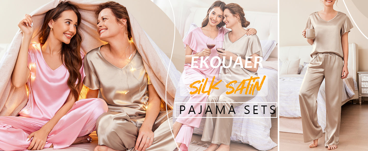 Ekouaer Women's Satin Silky Pajama Set 2 Piece Short Sleeve Shirt with Long Pants Pjs Sets Soft PJ Loungewear