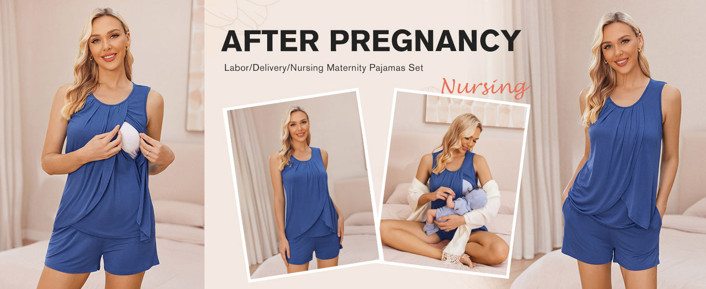 Ekouaer Women Maternity Nursing Pajama Set Breastfeeding Sleepwear Double Layer Sleeveless Top & Shorts Pregnancy PJS