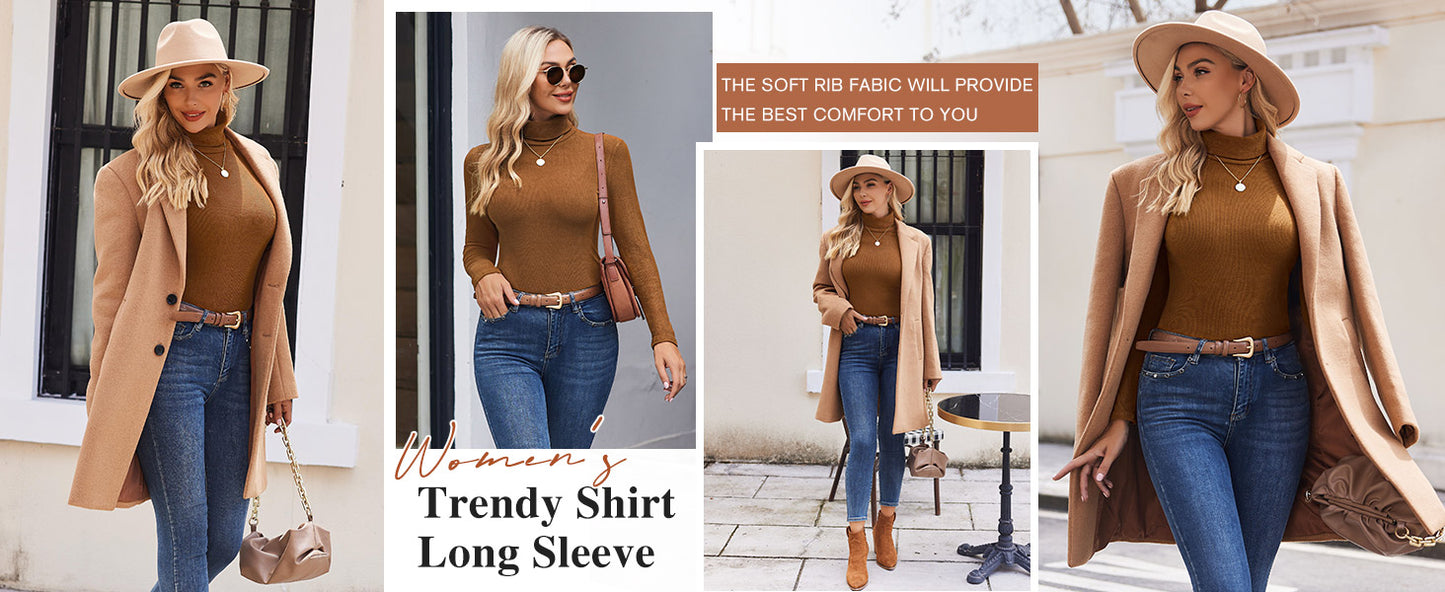 Ekouaer Women's Turtleneck Tops Ribbed Pullover Sweater Long Sleeves Shirts Midweight Thermal Underwear Blouse