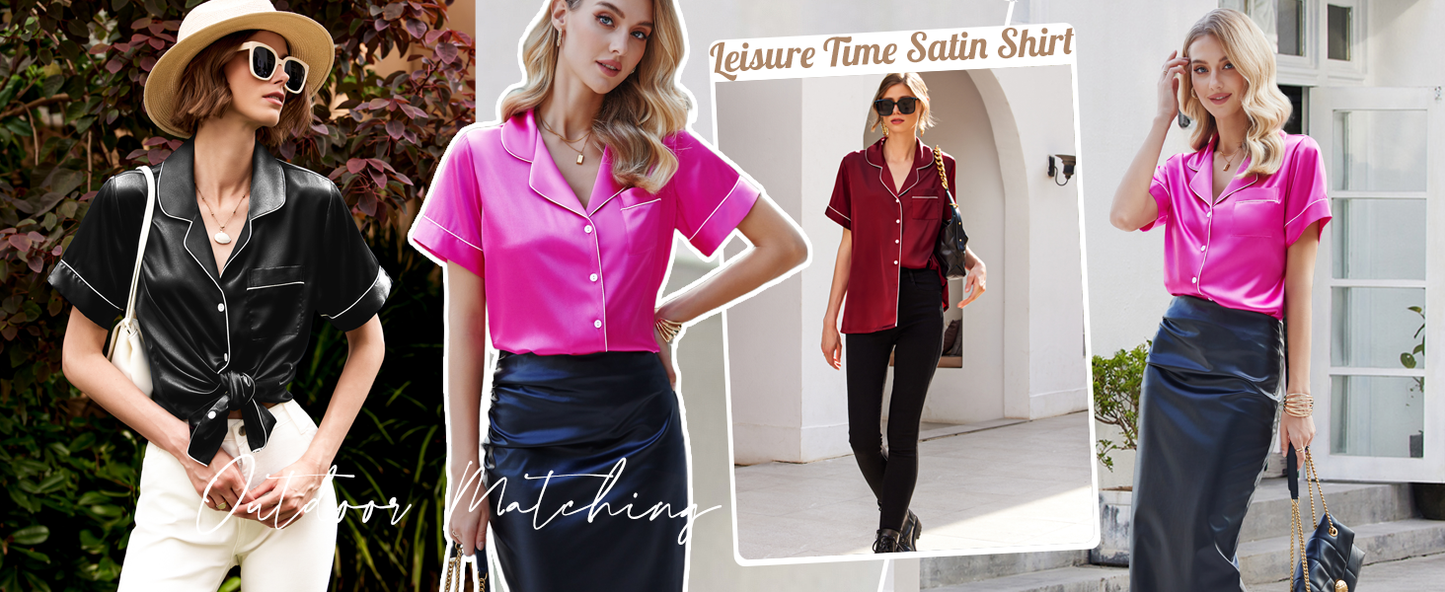 Ekouaer 2 Pack Pajama Sets for Women Silk Satin Pj Short Sleeve Button Down Sleepwear Top and Shorts Summer Lounge Set