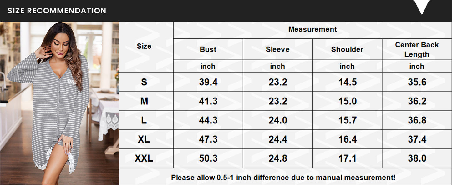 Ekouaer Women Striped Nightgowns Long Sleeve Button Down Sleepshirts Comfy Sleep Shirt