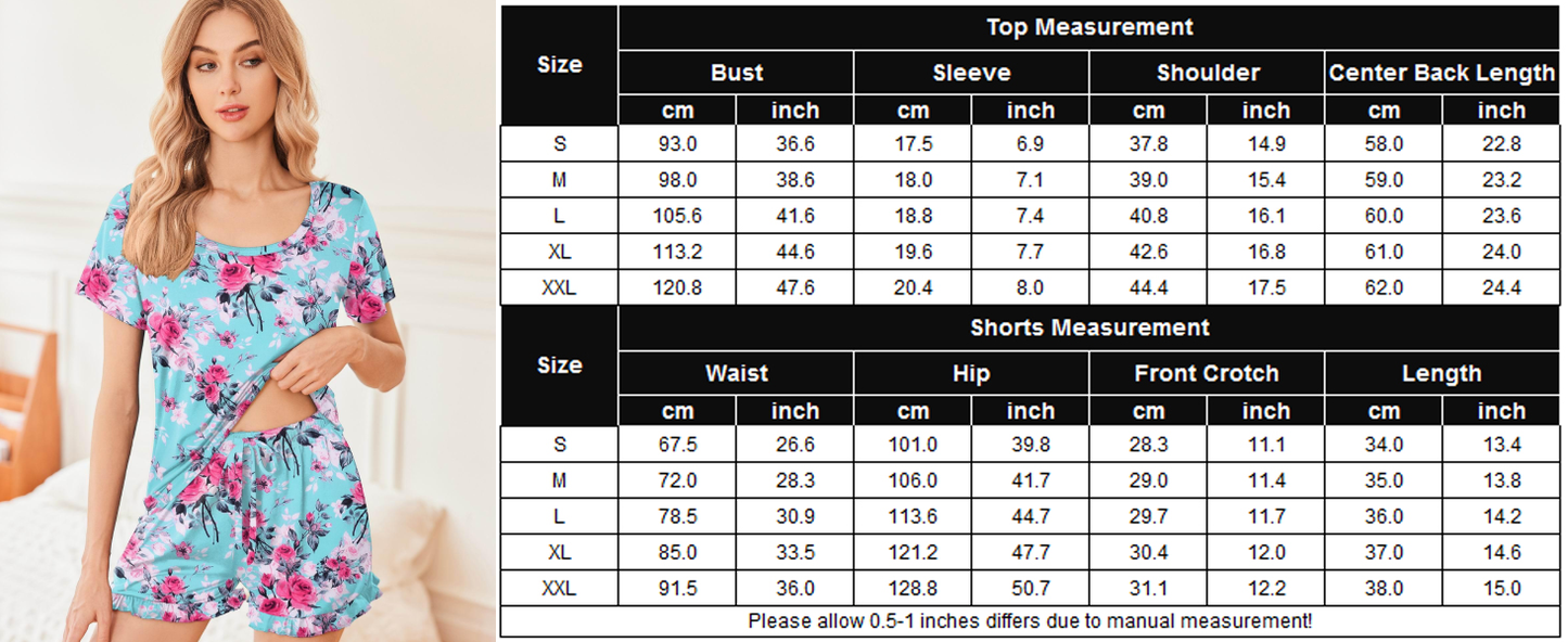 Ekouaer Womens Pajamas Short Sleeve Lounge Set Crew Neck Tops and Ruffle Shorts Pj Sets Soft Sleepwear with Pockets