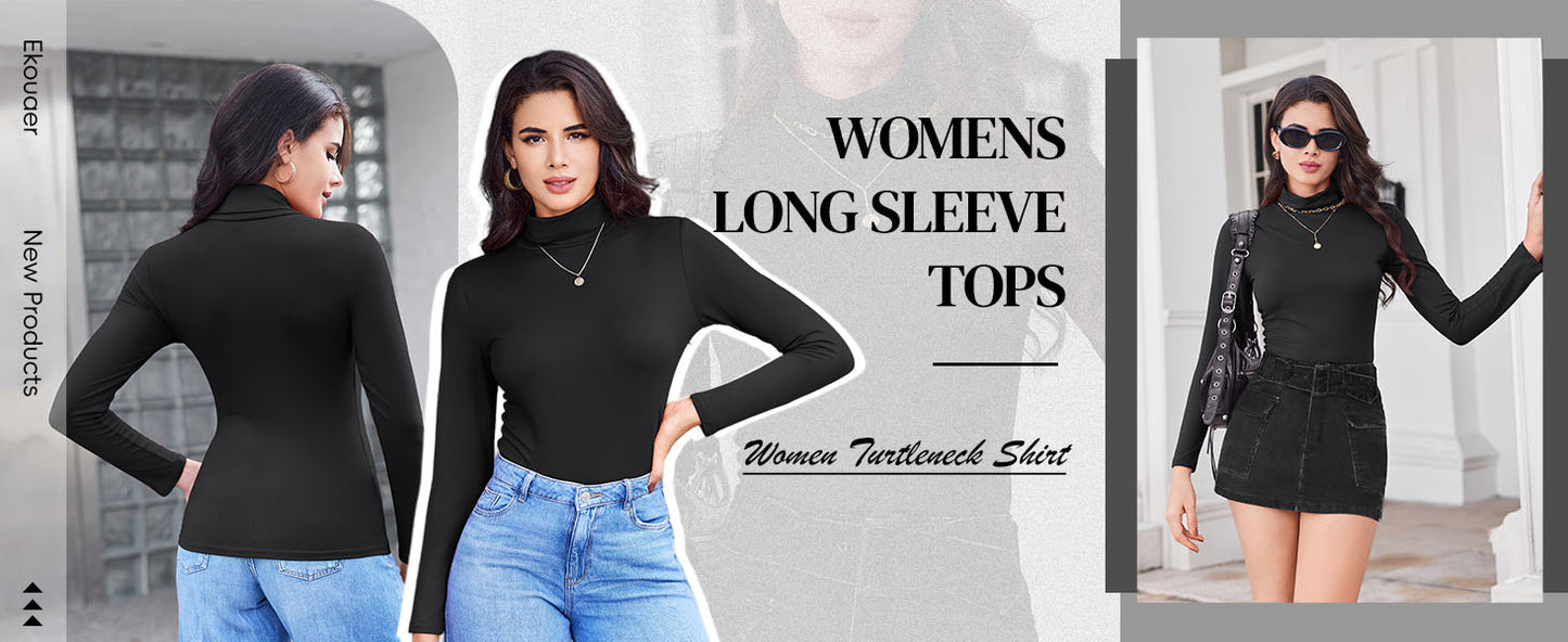 Ekouaer Women's Turtleneck Long Sleeve Shirts Thermal Underwear Tops Basic Slim Fit Fall Fashion Lightweight Top