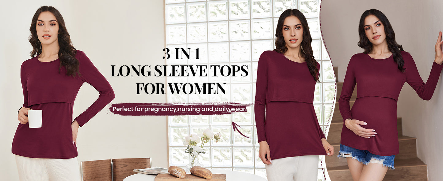 Ekouaer Women 3 Packs Nursing Shirts Long Sleeve Breastfeeding Tops Round Neck Postpartum Clothes Double Layer Maternity Tee