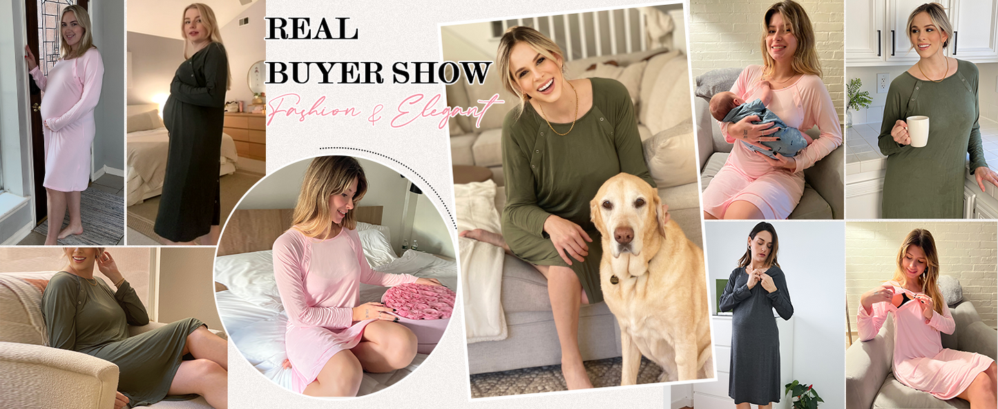 Ekouaer Women Maternity Nightgown Labor Delivery Nursing Gown Hospital Breastfeeding Dress Button Down Long Sleeve Sleepwear