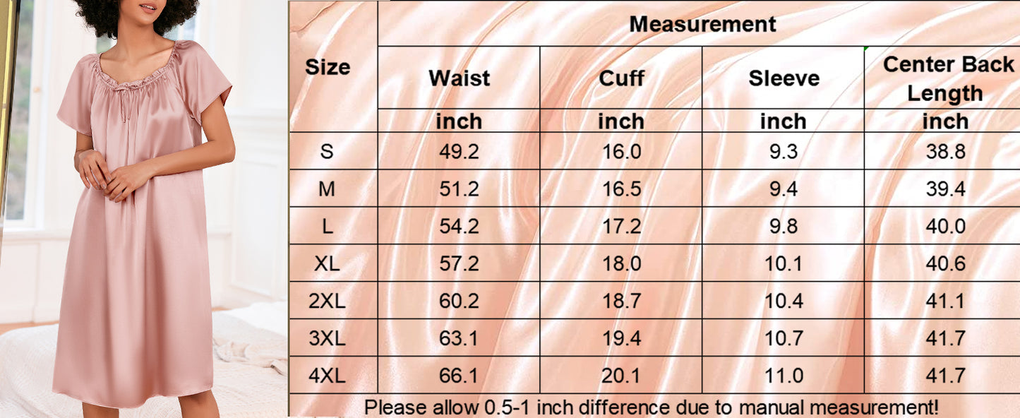 Ekouaer Women's Satin Silk Pleated Nightgown Loose Sleepwear Printed Nightshirt Short Sleeve Sleep Dress